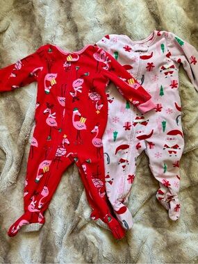 Carter’s Holiday Girl Flamingo & Santa One-Piece Footed Fleece Pajamas 12 MOS
